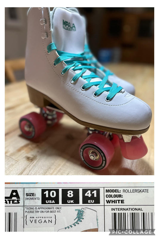 A white roller skate with blue laces and red wheels, marked with the size 10 on the label.