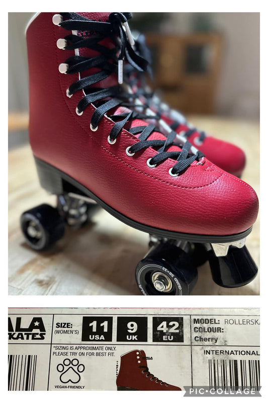A pair of red roller skates with black laces and wheels, size 11 US, on a white background with a text overlay that includes a price and a link to a ticketing page.