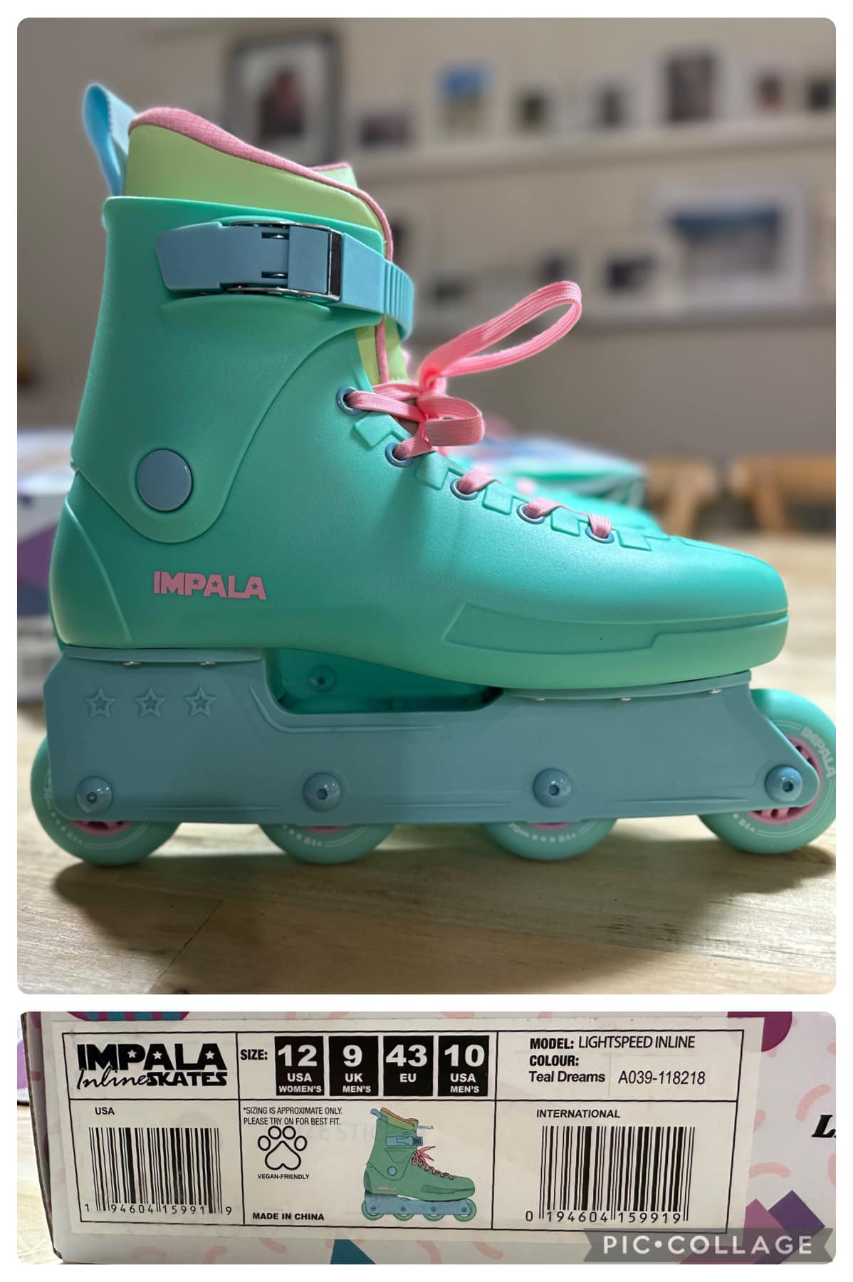A pair of DS 28cm Size US 12 Womens (Size US 10 mens) Aqua Blade inline skates with blue and green color scheme, displayed alongside its packaging.
