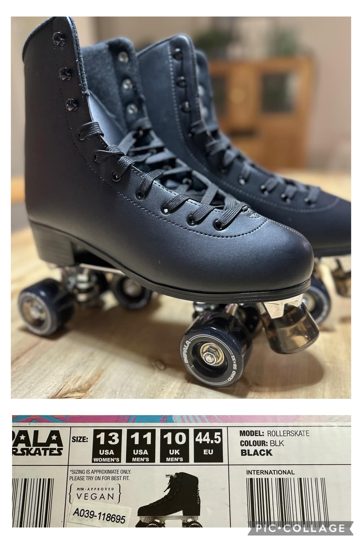 A pair of black roller skates with a lace-up front and quad wheels, displayed on a white background with a price tag indicating $44.50.