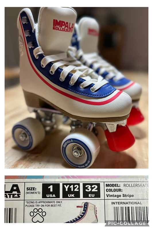 A pair of red, white, and blue roller skates with a text overlay indicating the size in different regions and a model name 'Roller skate vintage stripe'.