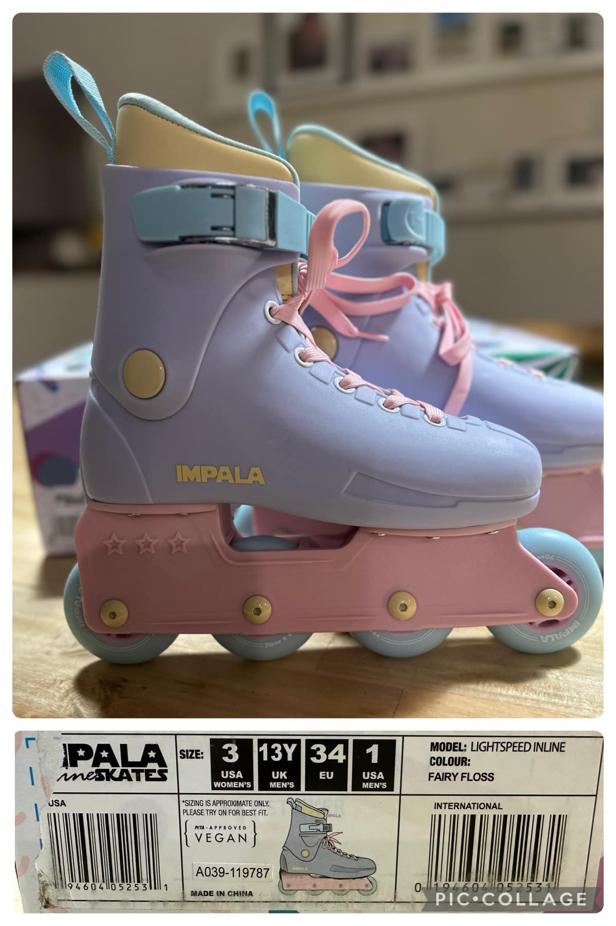 A pair of purple and pink inline skates with light-up wheels, displayed in front of its packaging.