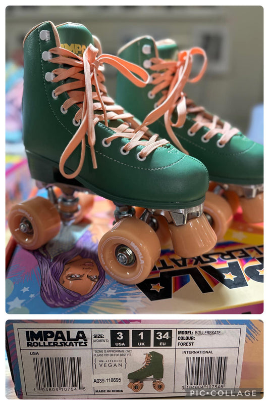 A pair of green roller skates with orange laces and wheels, displayed on a colorful surface with a packaging box in the background.