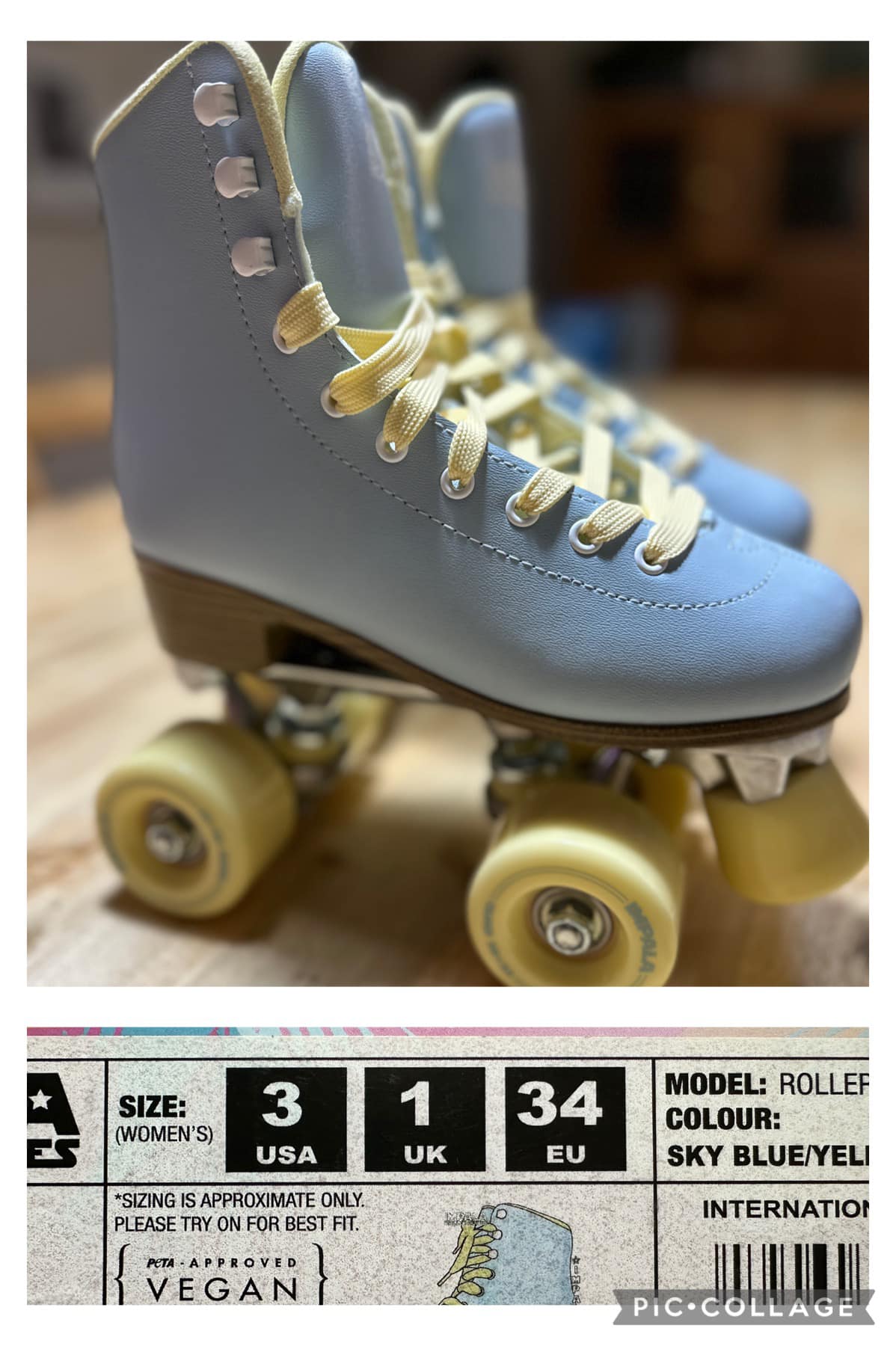 A light blue roller skate with yellow laces and wheels, displayed on a white background with a text overlay indicating the size in inches and centimeters, and the model name 'Roller Skates' with a vegan label.