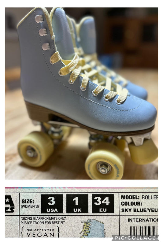 A light blue roller skate with yellow laces and wheels, displayed on a white background with a text overlay indicating the size in inches and centimeters, and the model name 'Roller Skates' with a vegan label.