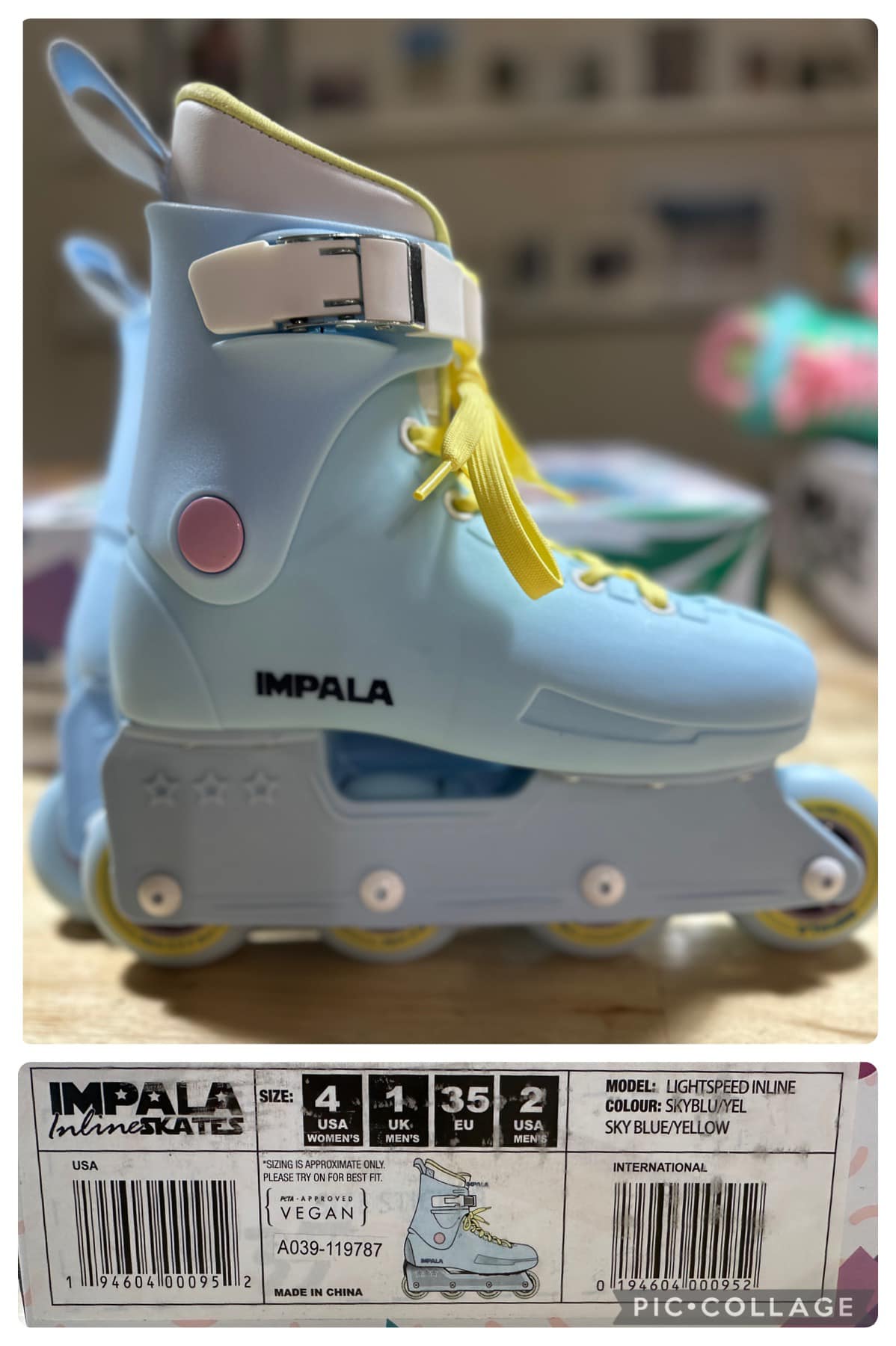 Light blue inline skates with yellow laces and gray details, displayed above its packaging which indicates the size and other details.