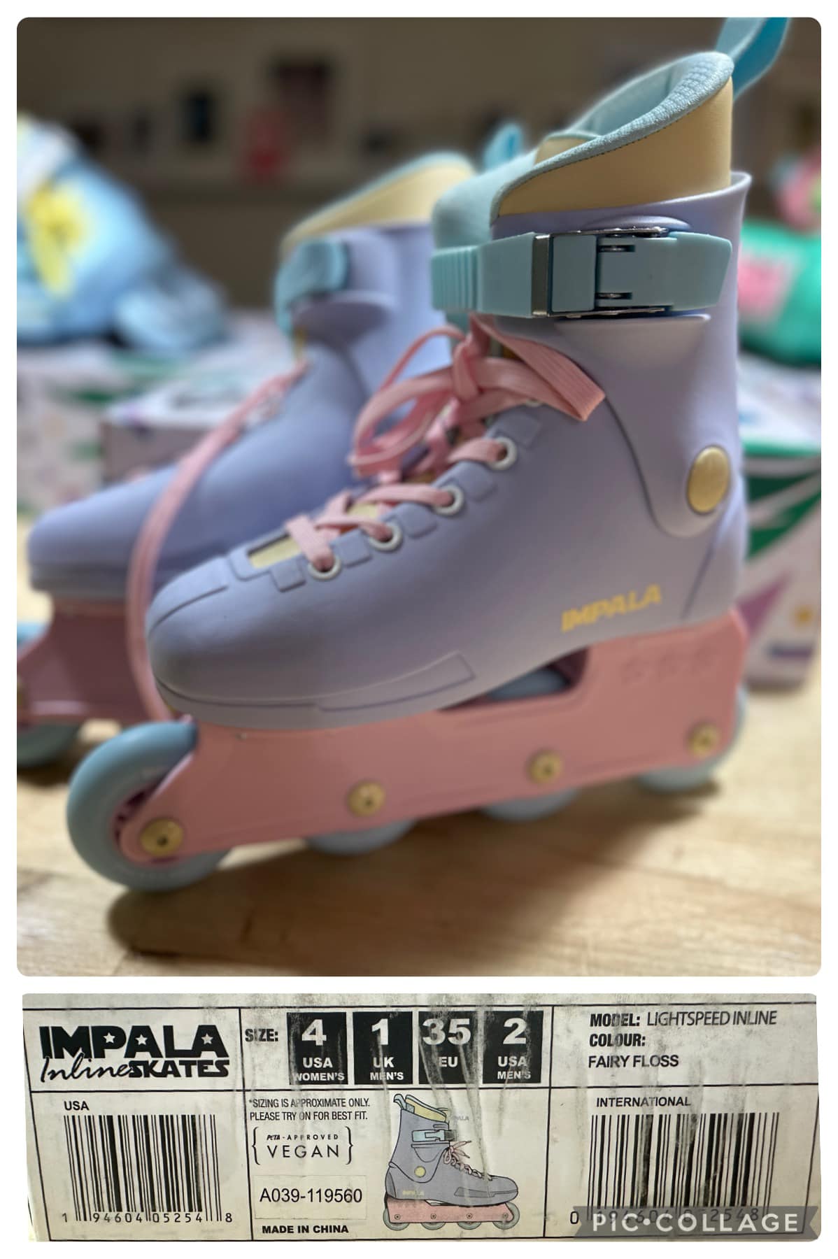 A pair of purple and pink roller skates with the brand name IMPALA visible on the top.