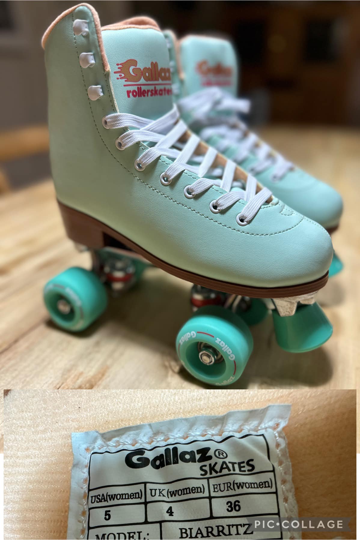 A pair of mint green roller skates with white laces and wheels, displayed on a wooden floor. A price tag is also visible in the image.
