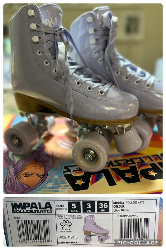 A pair of purple roller skates with white laces and wheels, displayed on a packaging that has the text 'IMPALA ROLLER SKATES' and other details.