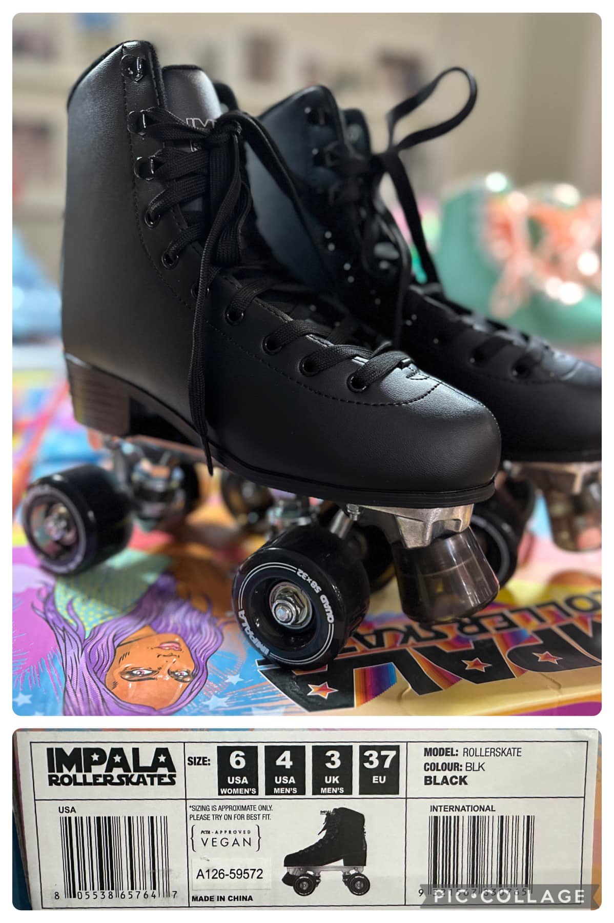 A pair of black roller skates with white laces and wheels, displayed on a colorful patterned surface.