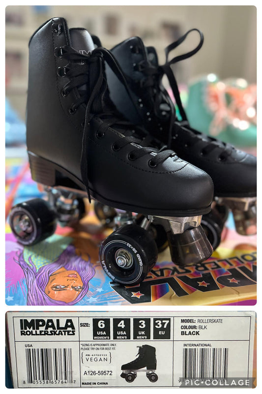 A pair of black roller skates with white laces and wheels, displayed on a colorful patterned surface.