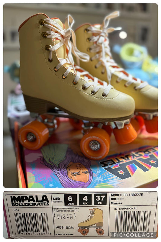 A pair of yellow roller skates with orange wheels placed on top of a packaging box.