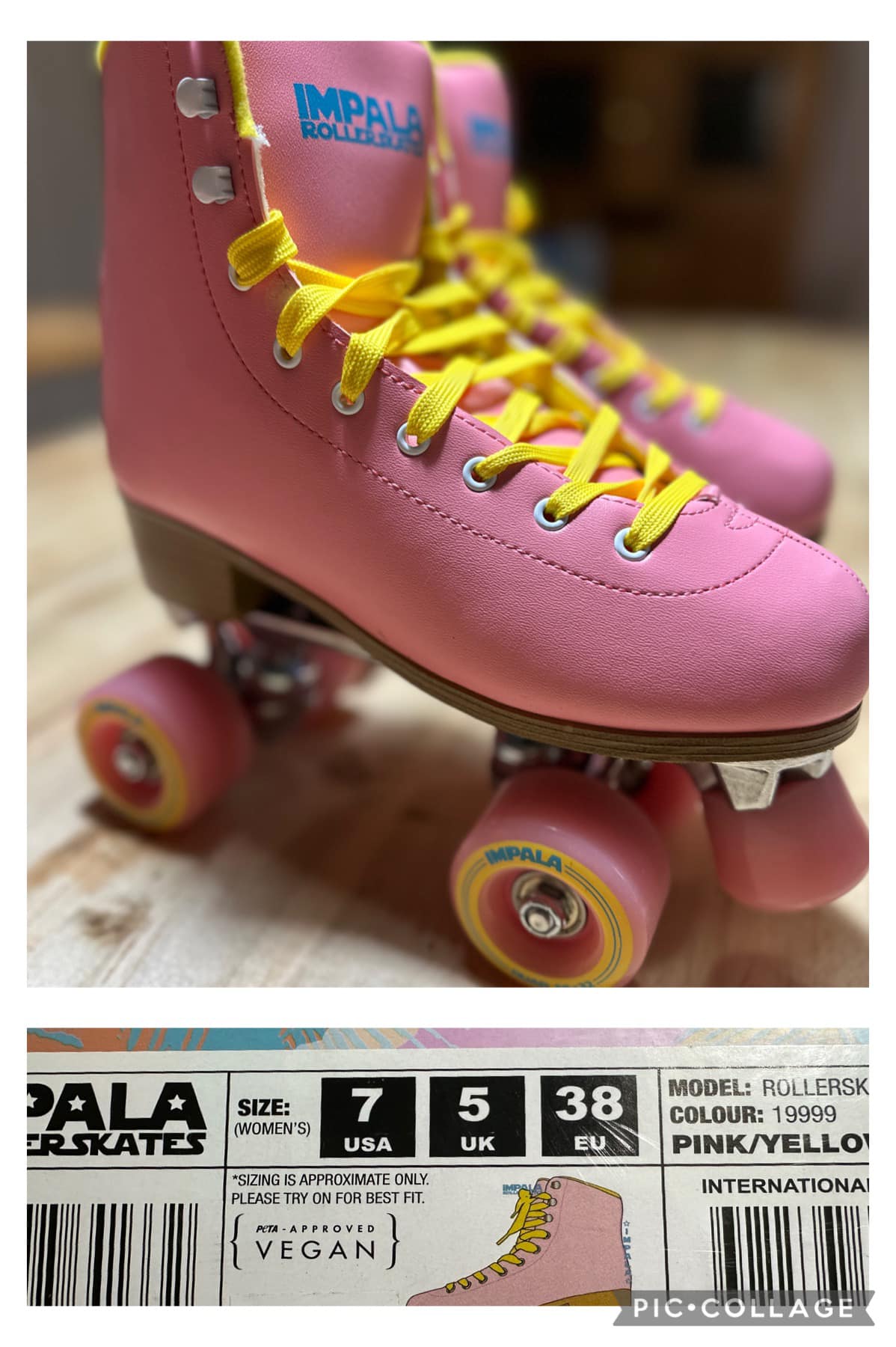 A pair of pink roller skates with yellow laces and wheels, marked as vegan.