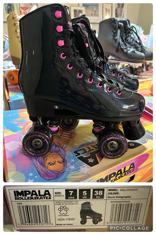 A pair of women's shiny black roller skates with pink details, displayed on a packaging box with the brand name 'IMPALA' visible.