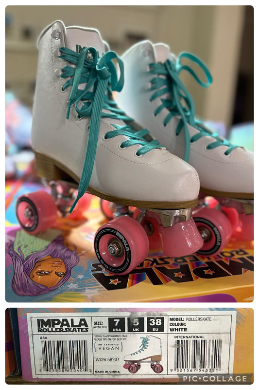 A pair of white roller skates with teal laces on a table, with the packaging indicating the brand is Impala and the size is US 7.