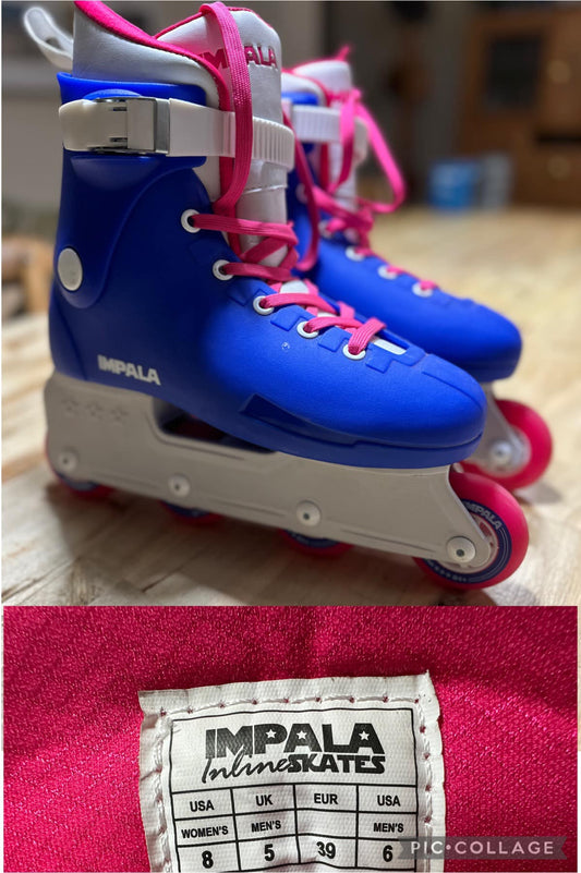 A pair of blue inline skates with pink details and the label 'IMPALA' visible.