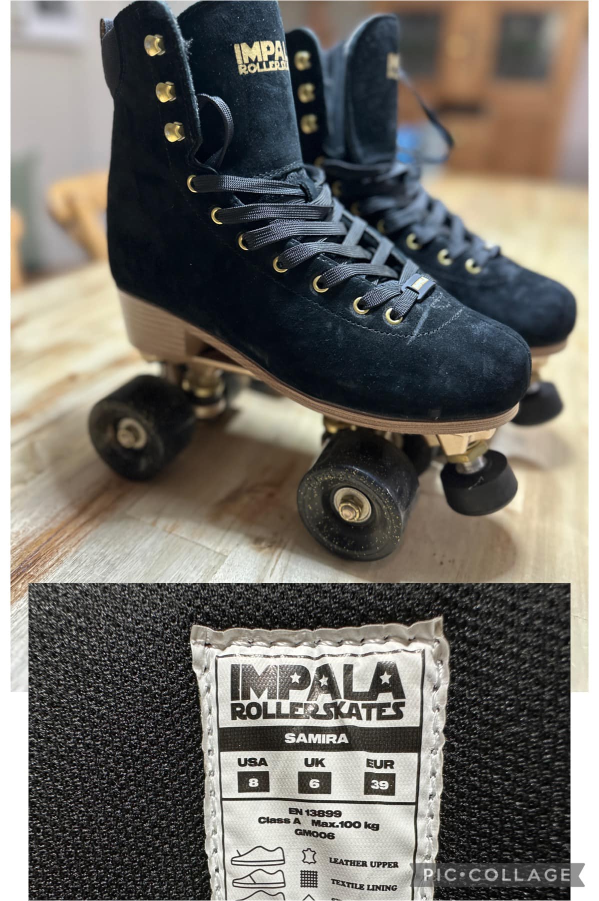 A pair of black velvet roller skates with a label showing the brand and size information.