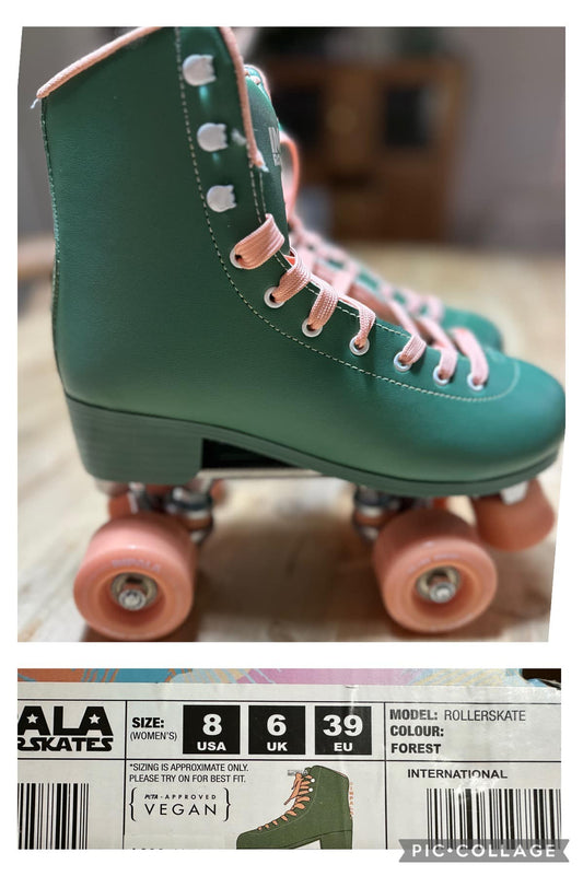 A green roller skate with pink laces and wheels designed for women, with packaging indicating the size and model information.