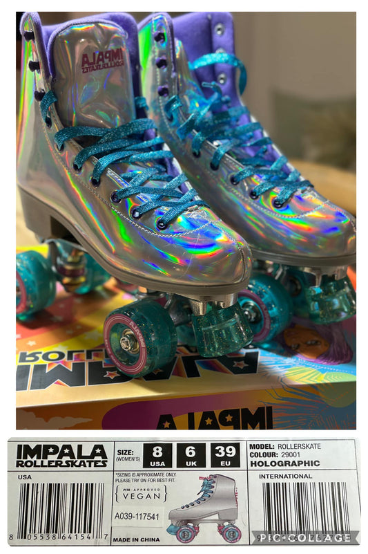 A pair of women's roller skates with a holographic design, predominantly in shades of blue and purple, placed on a packaging that has the text 'IMPALA ROLLER SKATES' and indicates the size as US 8.