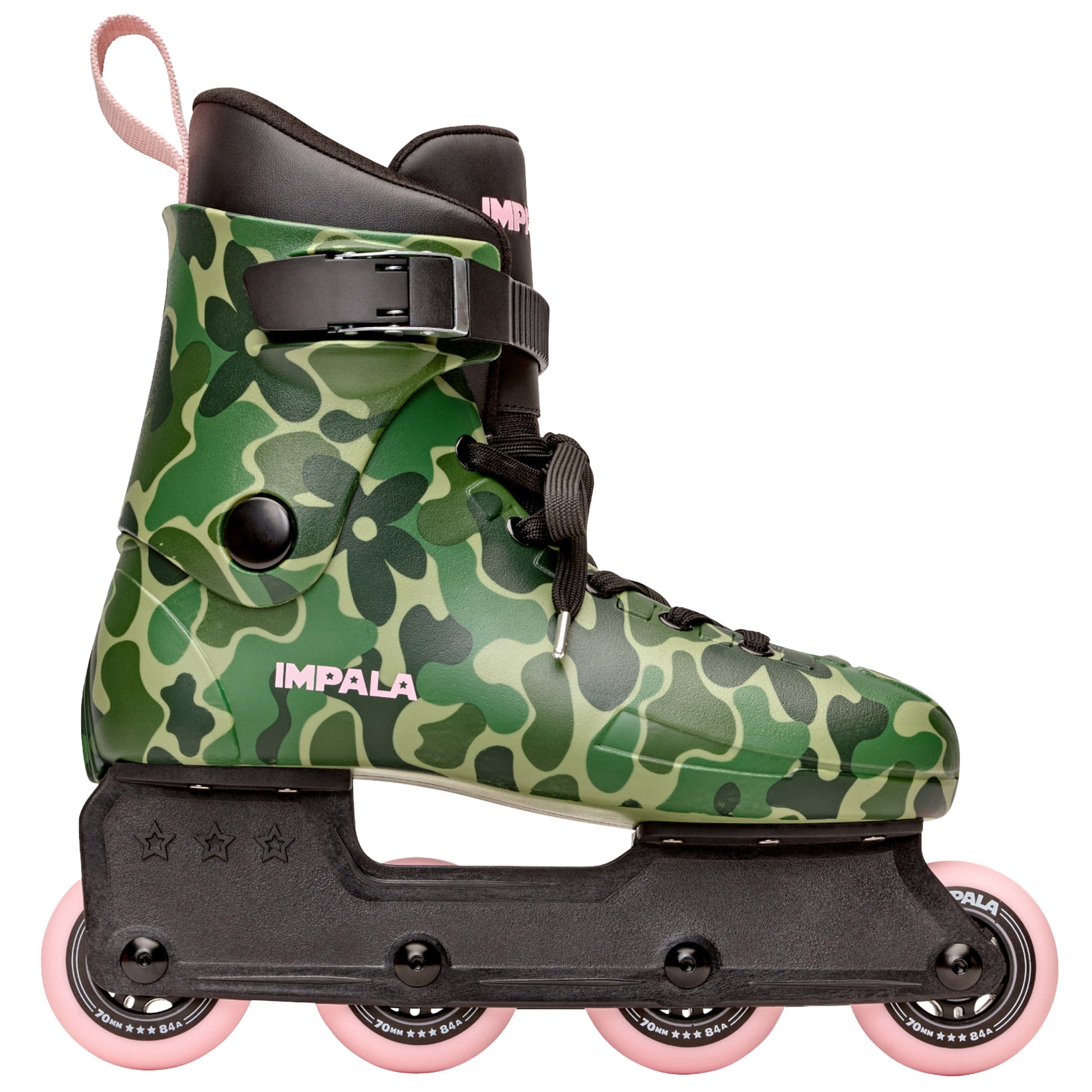 Green camouflage roller skate with pink wheels on a white background