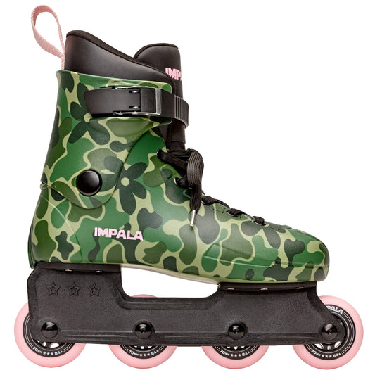 Green camouflage roller skate with pink wheels on a white background