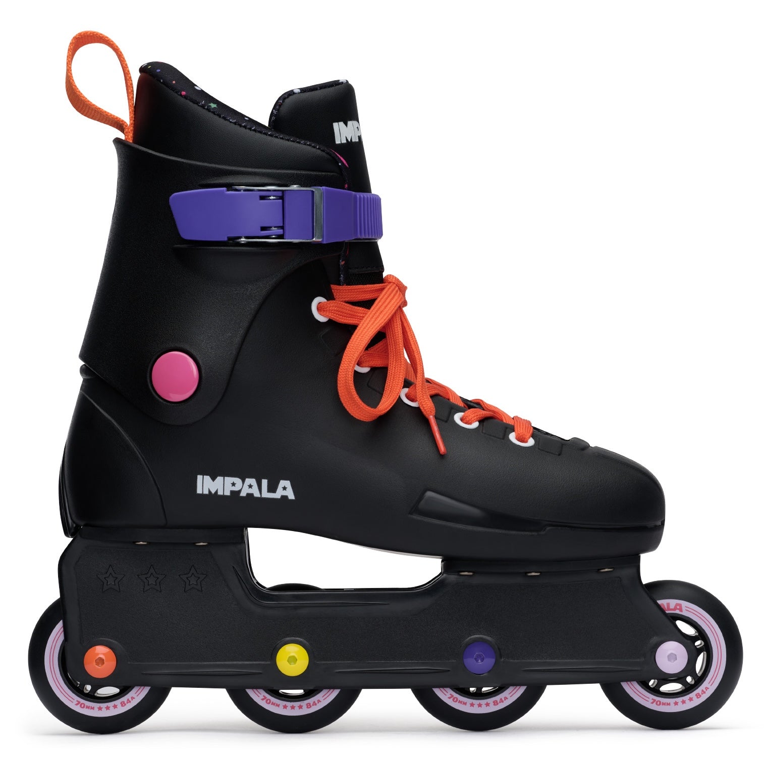 Black inline skate with orange laces and colorful wheels on a white background