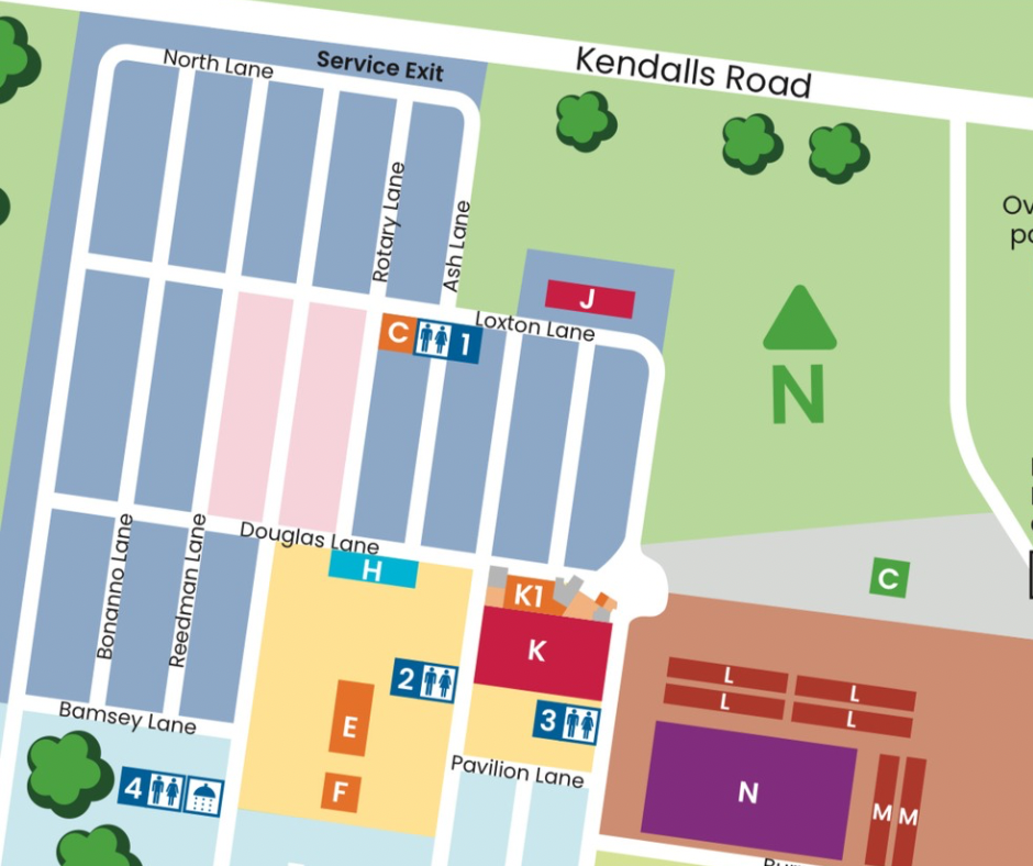 Map of a campus layout with various colored sections and labeled streets.